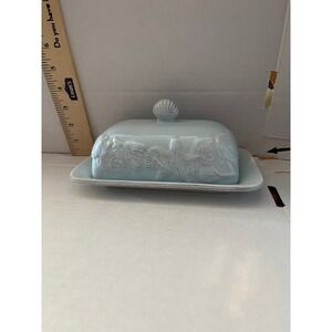 Blue Sky Ceramic Seashell Menagerie Butter Dish Light Blue Coastal Starfish 2015